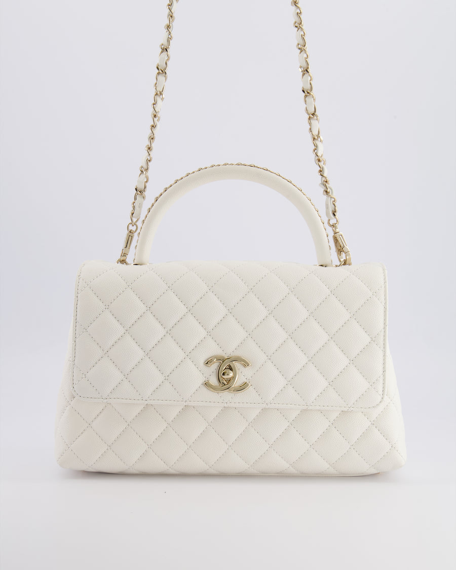 Chanel White Caviar Medium Leather Coco Top Handle Bag with Champagne Gold Hardware