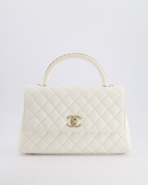 Chanel White Caviar Medium Leather Coco Top Handle Bag with Champagne Gold Hardware