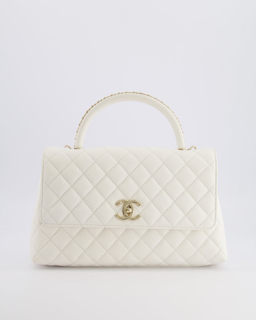 Chanel White Caviar Medium Leather Coco Top Handle Bag with Champagne Gold Hardware
