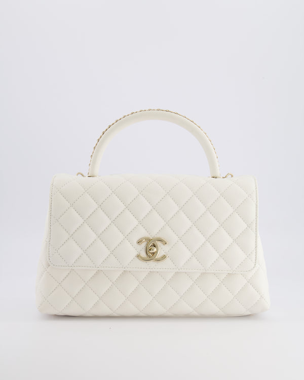 Chanel White Caviar Medium Leather Coco Top Handle Bag with Champagne Gold Hardware