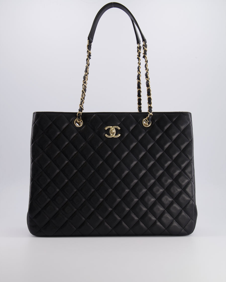 Chanel Black Caviar Leather Tote Bag with Champagne Gold Hardware