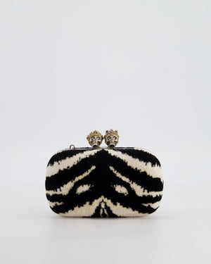 Alexander McQueen Black and White Zebra Print Skull Box Clutch Bag with Silver Hardware