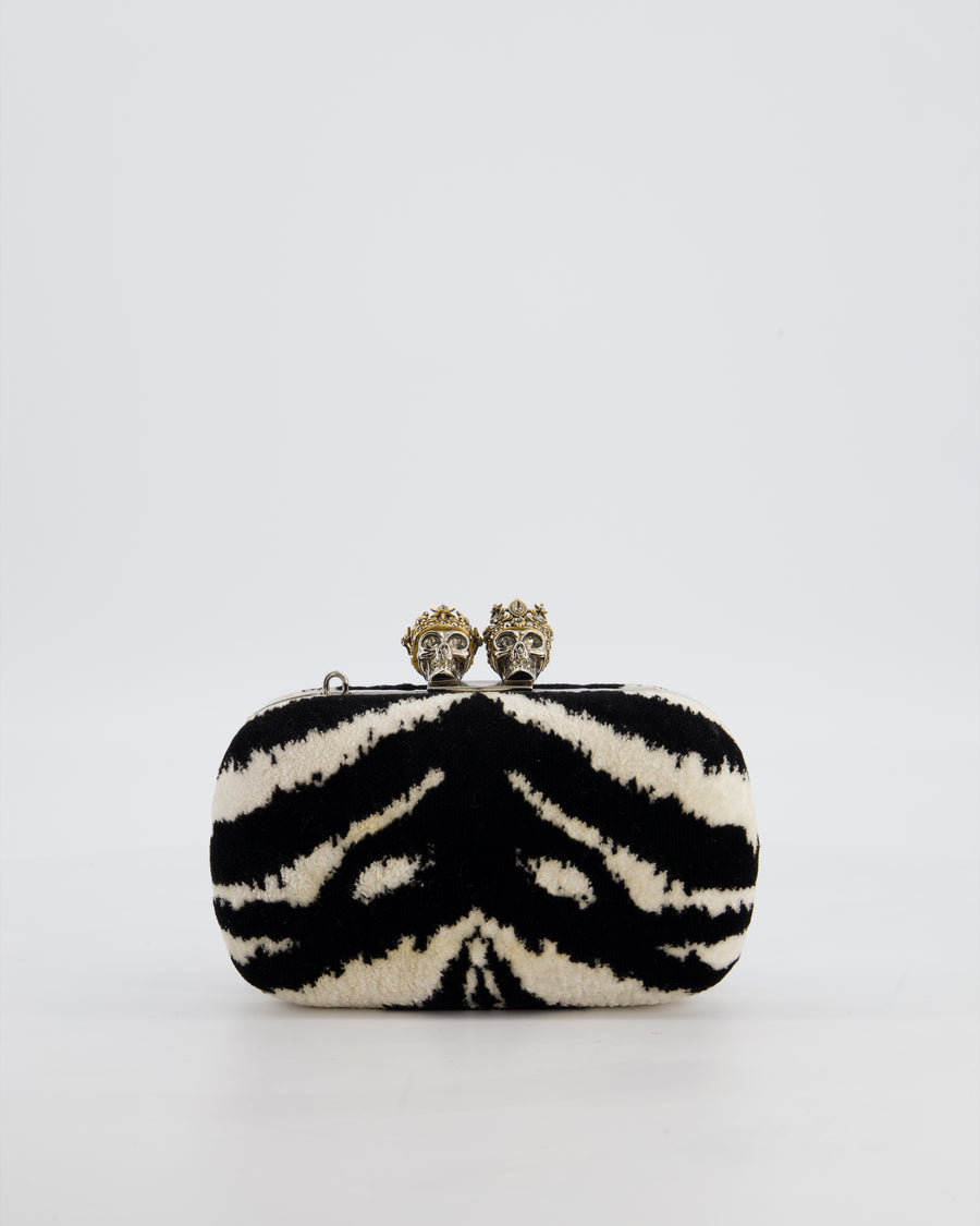 Alexander McQueen Black and White Zebra Print Skull Box Clutch Bag with Silver Hardware