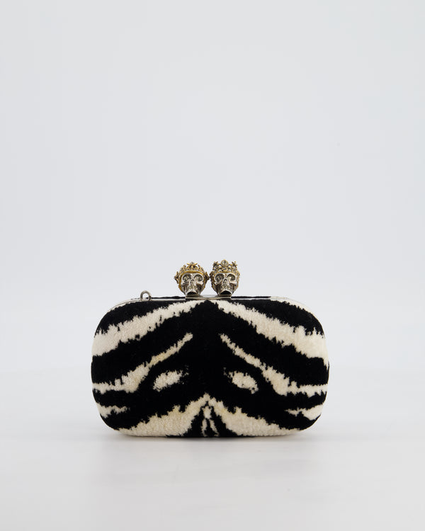 Alexander McQueen Black and White Zebra Print Skull Box Clutch Bag with Silver Hardware