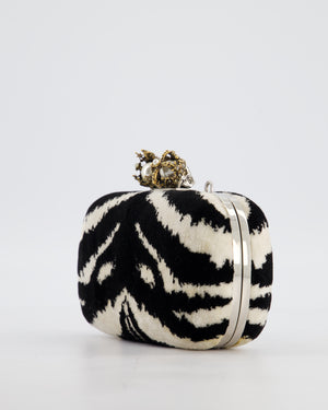 Alexander McQueen Black and White Zebra Print Skull Box Clutch Bag with Silver Hardware