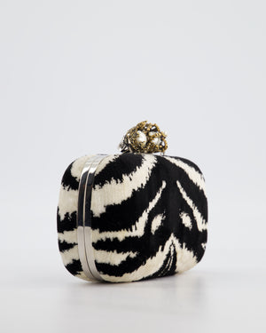 Alexander McQueen Black and White Zebra Print Skull Box Clutch Bag with Silver Hardware