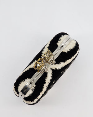 Alexander McQueen Black and White Zebra Print Skull Box Clutch Bag with Silver Hardware