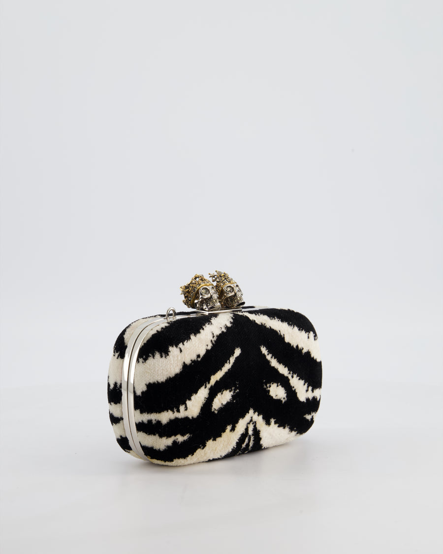 Alexander McQueen Black and White Zebra Print Skull Box Clutch Bag with Silver Hardware