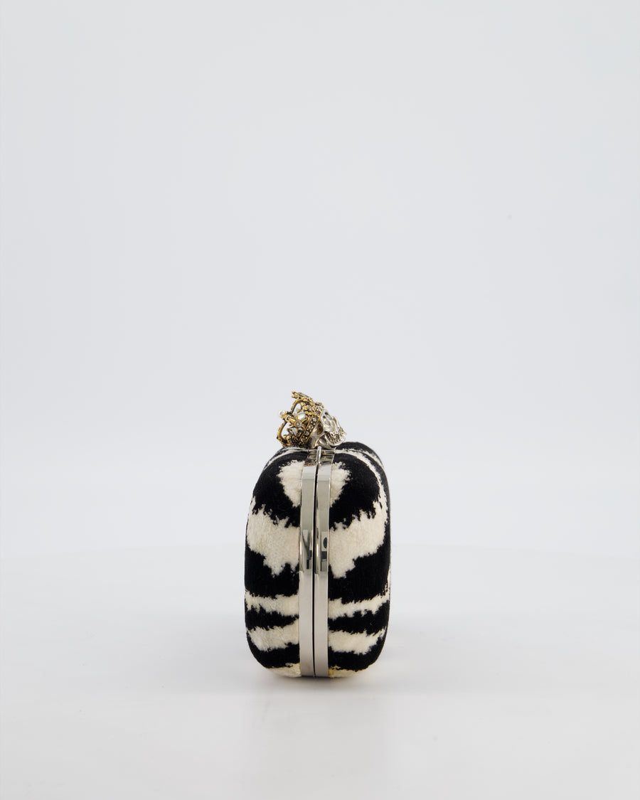 Alexander McQueen Black and White Zebra Print Skull Box Clutch Bag with Silver Hardware