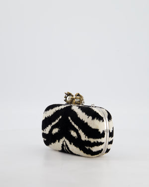 Alexander McQueen Black and White Zebra Print Skull Box Clutch Bag with Silver Hardware