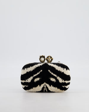 Alexander McQueen Black and White Zebra Print Skull Box Clutch Bag with Silver Hardware