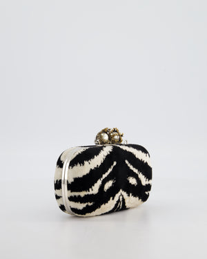 Alexander McQueen Black and White Zebra Print Skull Box Clutch Bag with Silver Hardware