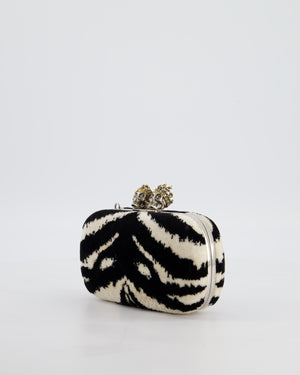 Alexander McQueen Black and White Zebra Print Skull Box Clutch Bag with Silver Hardware