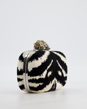 Alexander McQueen Black and White Zebra Print Skull Box Clutch Bag with Silver Hardware