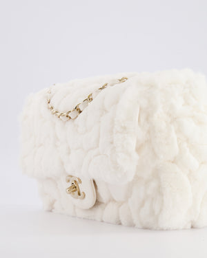 *RARE* Chanel White Fur Classic Single Flap Bag with Camelia Flower Motif and Champagne Gold Hardware