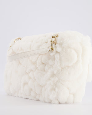*RARE* Chanel White Fur Classic Single Flap Bag with Camelia Flower Motif and Champagne Gold Hardware