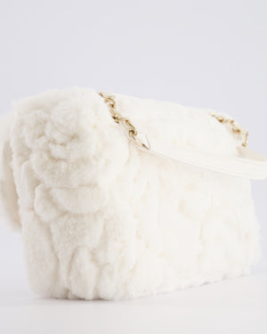 *RARE* Chanel White Fur Classic Single Flap Bag with Camelia Flower Motif and Champagne Gold Hardware