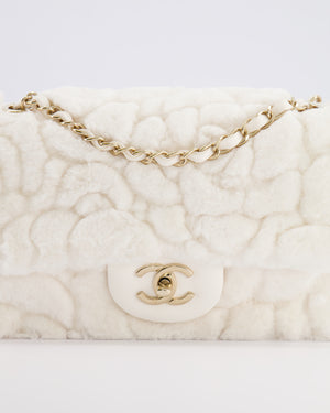 *RARE* Chanel White Fur Classic Single Flap Bag with Camelia Flower Motif and Champagne Gold Hardware