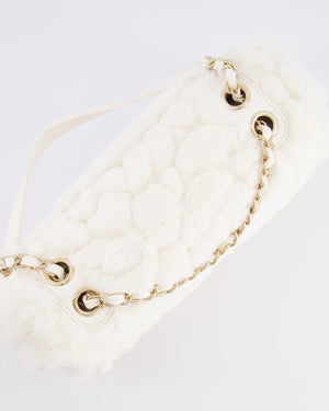 *RARE* Chanel White Fur Classic Single Flap Bag with Camelia Flower Motif and Champagne Gold Hardware