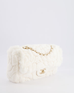 *RARE* Chanel White Fur Classic Single Flap Bag with Camelia Flower Motif and Champagne Gold Hardware