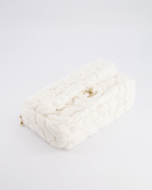 *RARE* Chanel White Fur Classic Single Flap Bag with Camelia Flower Motif and Champagne Gold Hardware