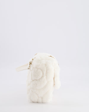*RARE* Chanel White Fur Classic Single Flap Bag with Camelia Flower Motif and Champagne Gold Hardware