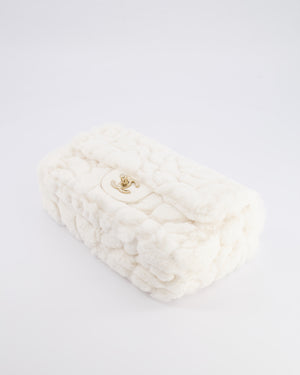 *RARE* Chanel White Fur Classic Single Flap Bag with Camelia Flower Motif and Champagne Gold Hardware