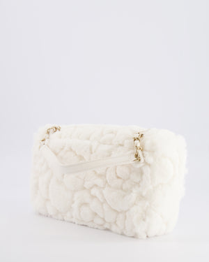 *RARE* Chanel White Fur Classic Single Flap Bag with Camelia Flower Motif and Champagne Gold Hardware