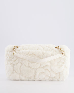 *RARE* Chanel White Fur Classic Single Flap Bag with Camelia Flower Motif and Champagne Gold Hardware