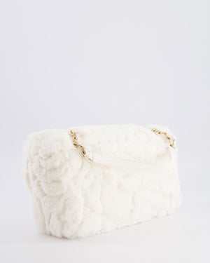 *RARE* Chanel White Fur Classic Single Flap Bag with Camelia Flower Motif and Champagne Gold Hardware