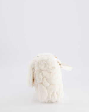*RARE* Chanel White Fur Classic Single Flap Bag with Camelia Flower Motif and Champagne Gold Hardware