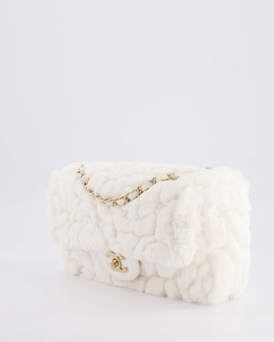 *RARE* Chanel White Fur Classic Single Flap Bag with Camelia Flower Motif and Champagne Gold Hardware