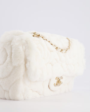 *RARE* Chanel White Fur Classic Single Flap Bag with Camelia Flower Motif and Champagne Gold Hardware
