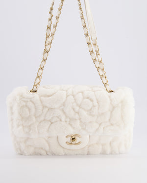 *RARE* Chanel White Fur Classic Single Flap Bag with Camelia Flower Motif and Champagne Gold Hardware