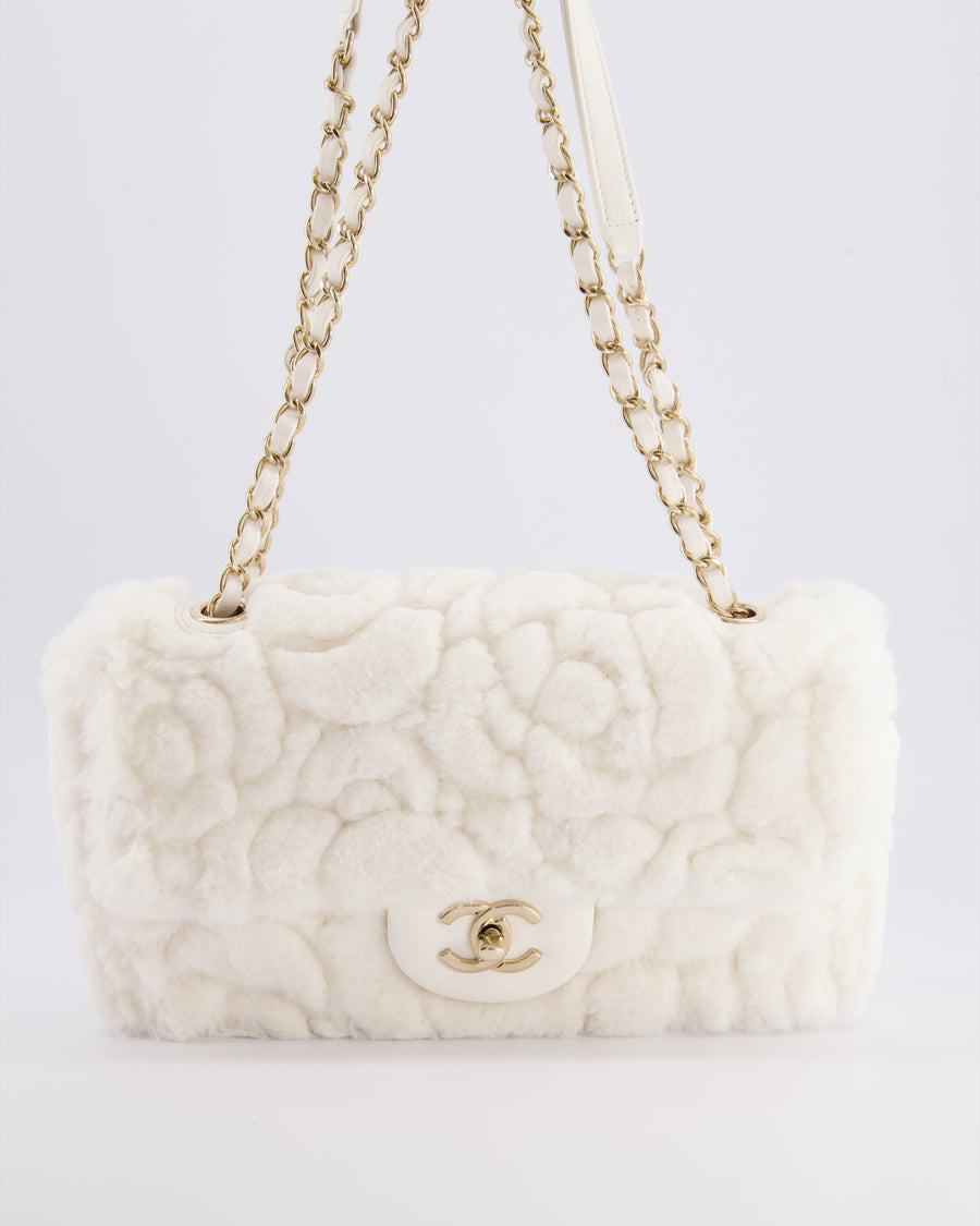 *RARE* Chanel White Fur Classic Single Flap Bag with Camelia Flower Motif and Champagne Gold Hardware