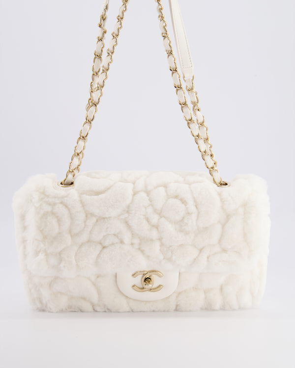 *RARE* Chanel White Fur Classic Single Flap Bag with Camelia Flower Motif and Champagne Gold Hardware