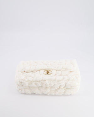 *RARE* Chanel White Fur Classic Single Flap Bag with Camelia Flower Motif and Champagne Gold Hardware