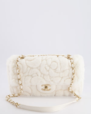 *RARE* Chanel White Fur Classic Single Flap Bag with Camelia Flower Motif and Champagne Gold Hardware
