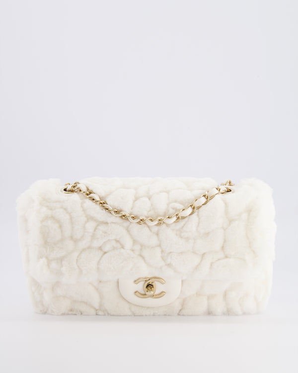 *RARE* Chanel White Fur Classic Single Flap Bag with Camelia Flower Motif and Champagne Gold Hardware