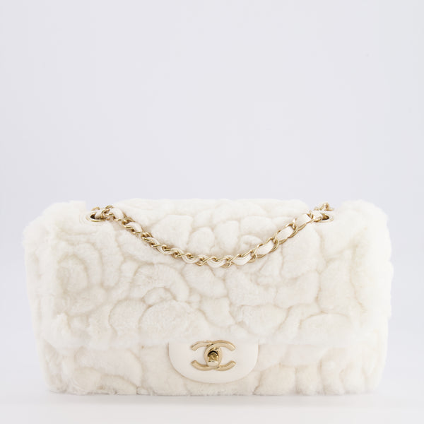 RARE* Chanel White Rabbit Fur Classic Single Flap Bag with Camelia
