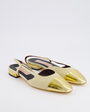 Chanel Beige Canvas Slingback with Gold Patent Leather Toe Cap and Gold CC Logo Size EU 39