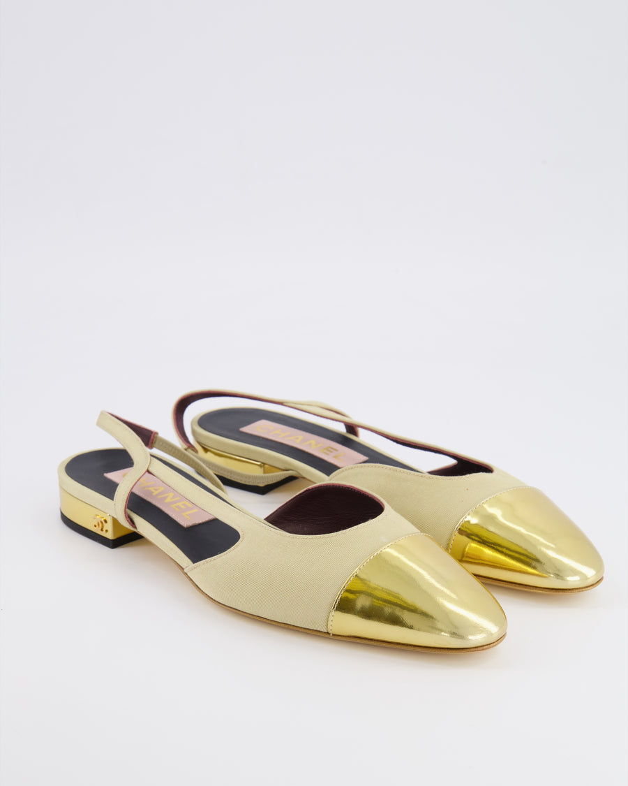 Chanel Beige Canvas Slingback with Gold Patent Leather Toe Cap and Gold CC Logo Size EU 39