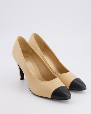 Chanel Beige Heeled Pumps with Black Toe Cap and Champagne Gold Logo with Pearl Detail Size EU 38.5