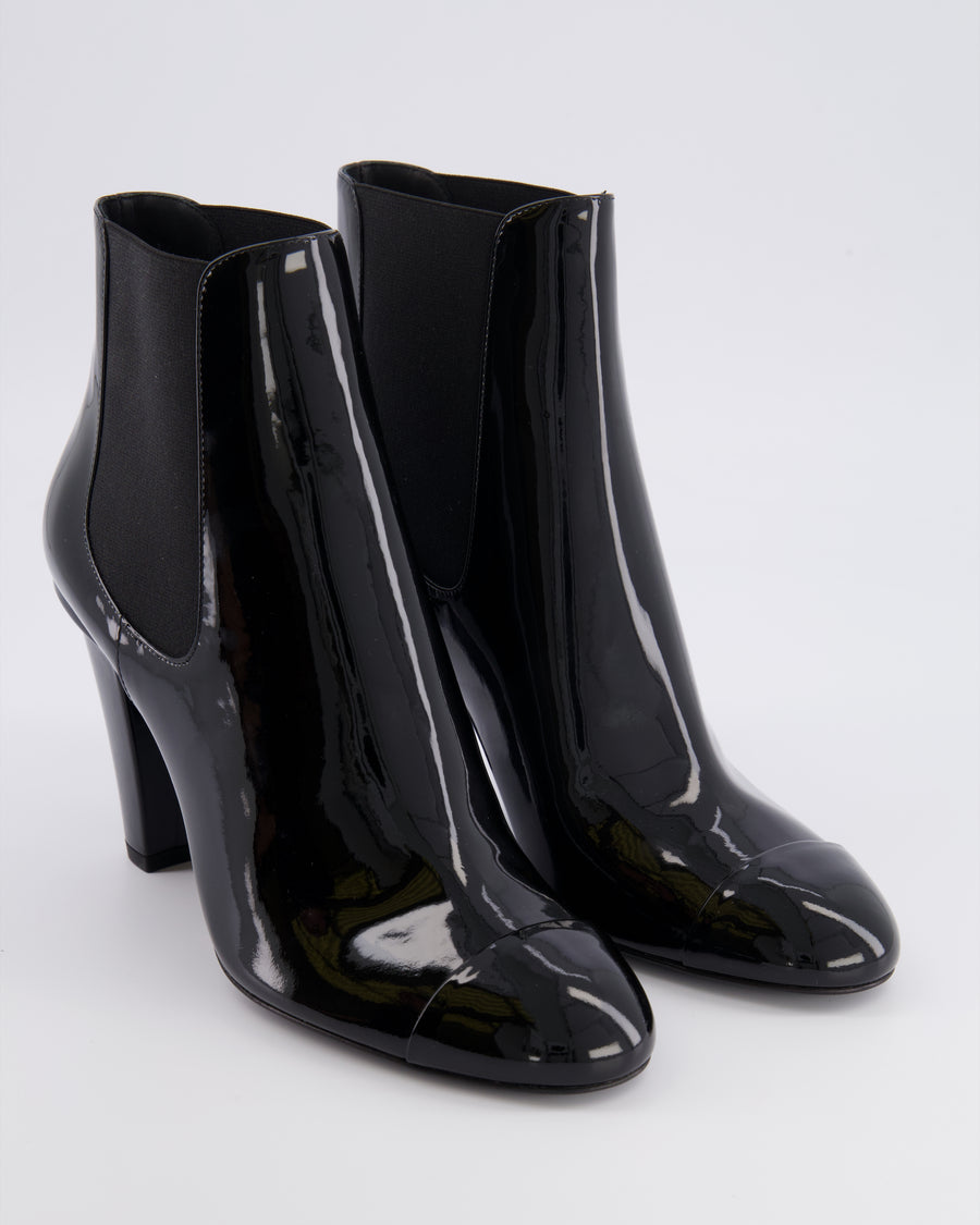 Chanel Black Patent Leather Heeled Ankle Boots with Black CC Logo Detail Size EU 40