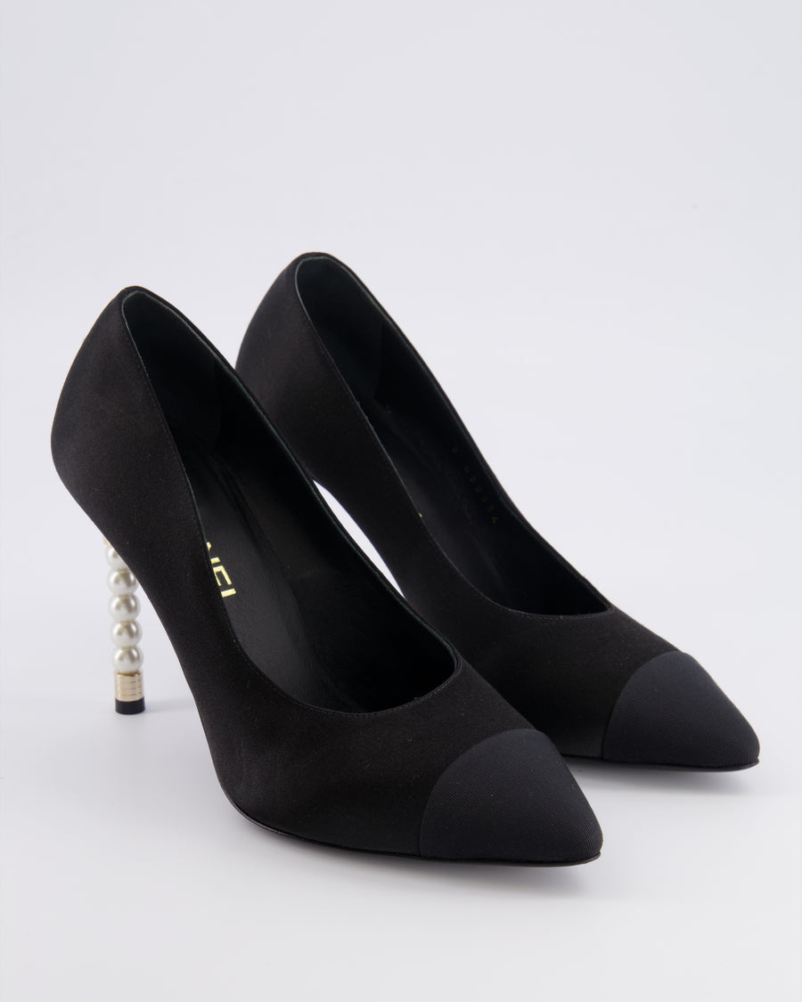 Chanel Black Satin Pointed Heeled Pumps with Canvas Toe Cap and Pearl Embellished Heel with Champagne Gold CC Logo Detail Size EU 39