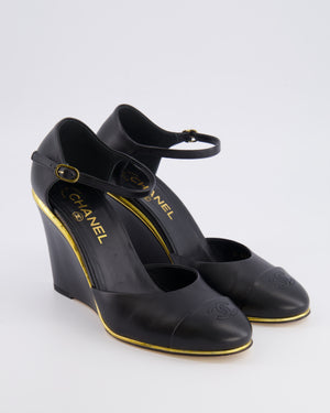 Chanel Black Leather Wedge Heels with CC Logo Detail and Gold Detailing Size EU 39
