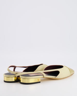 Chanel Beige Canvas Slingback with Gold Patent Leather Toe Cap and Gold CC Logo Size EU 39