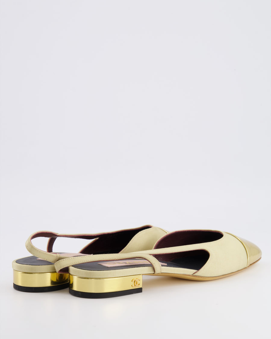 Chanel Beige Canvas Slingback with Gold Patent Leather Toe Cap and Gold CC Logo Size EU 39