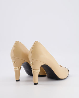 Chanel Beige Heeled Pumps with Black Toe Cap and Champagne Gold Logo with Pearl Detail Size EU 38.5