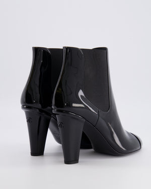 Chanel Black Patent Leather Heeled Ankle Boots with Black CC Logo Detail Size EU 40